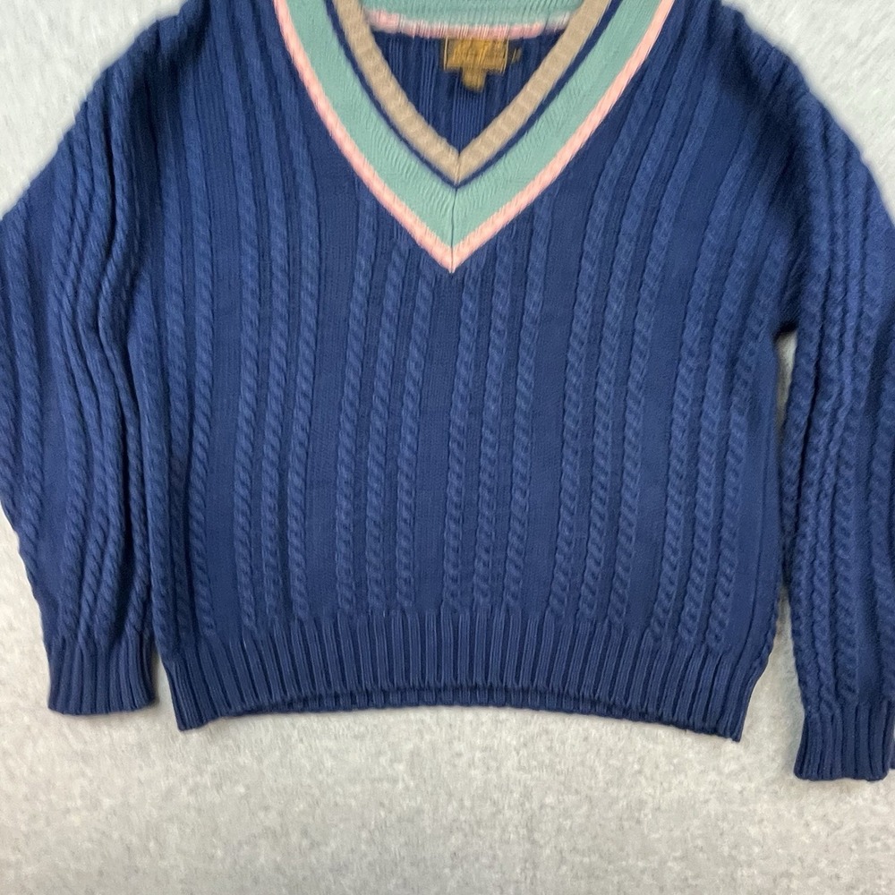 Vintage Eddie Bauer Sweater Mens L Blue Cable Knit Chunky V-Neck Tennis Cricket - Picture 2 of 9